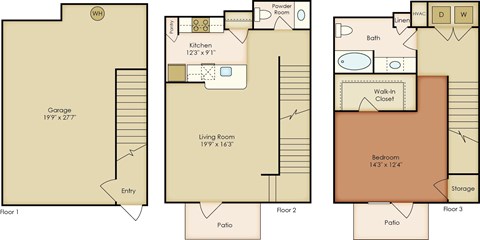Floor plan for 1 bed, 1 bath, 996 sqft